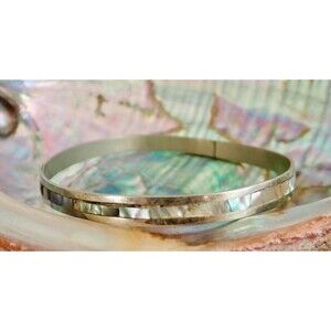 Alpaca Mexico Abalone Shell Inlay Silver Bangle Bracelet Vintage 7.62 grams